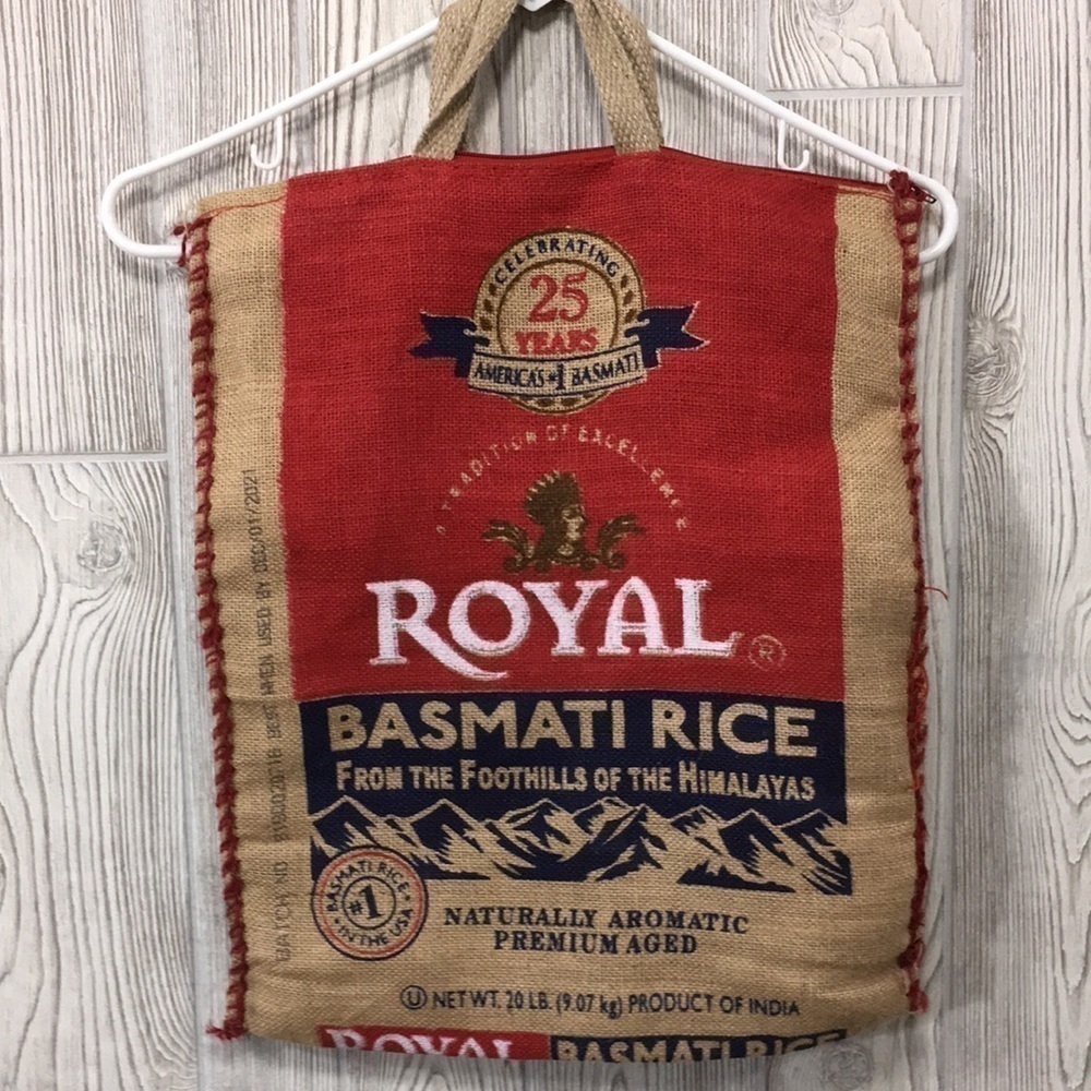 Royal Basmati Rice Burlap Tote Bag Repurposed Upcycled Eco Friendly